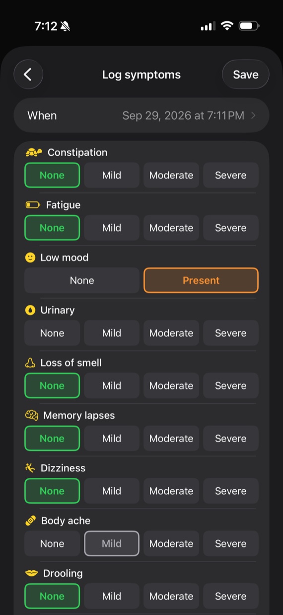 Kampa's Log symptoms screen: Constipation, Fatigue, Low mood, Urinary, Loss of smell, Memory lapses, Dizziness, Body ache and Drooling, each with a None, Mild, Moderate, Severe control, and a date and time at the top